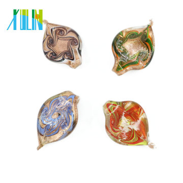 MC0029 Gold Dust Leaf Necklace Handmade Lampwork Glass Foil Pendants 12pcs/box